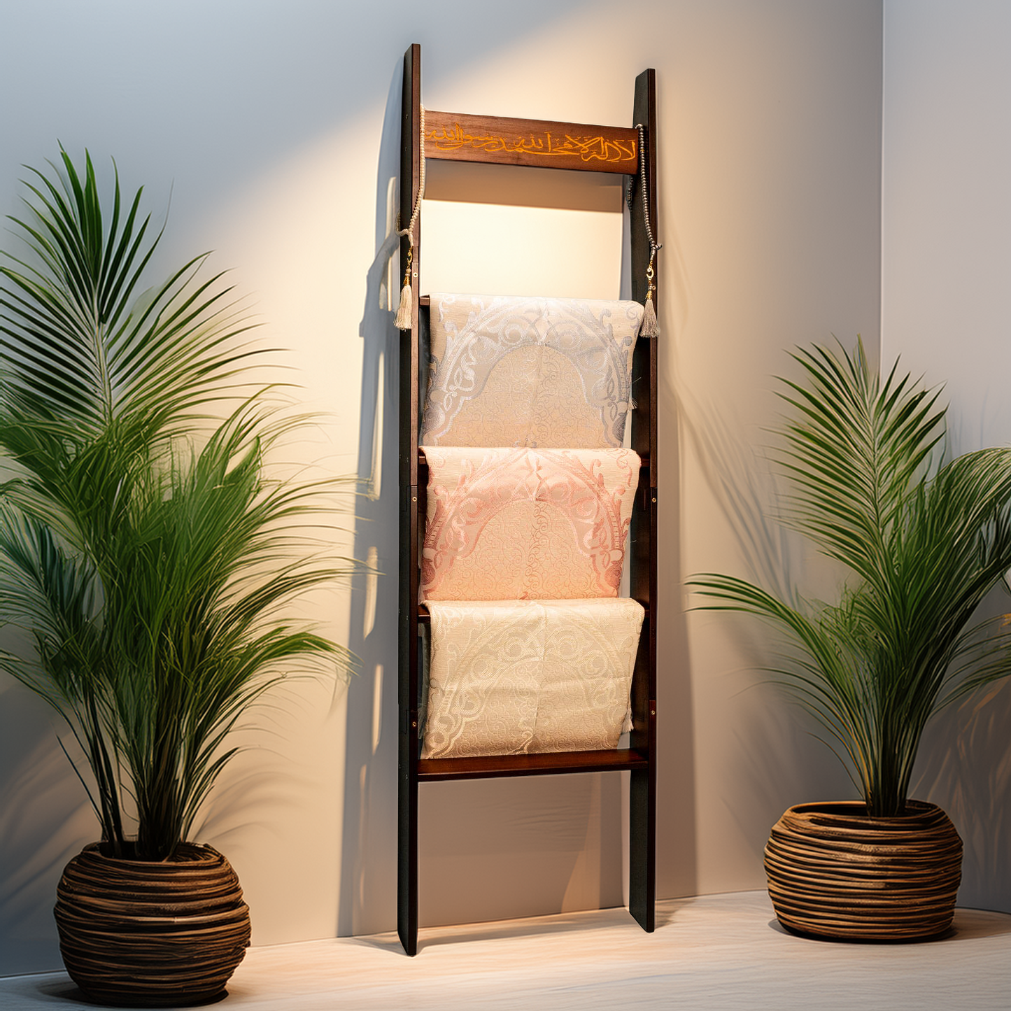 Dark brown Shahadah ladder leaning against a wall to display prayer rugs and hijabs.